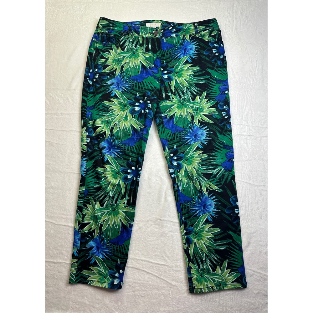 Chico's Tropical Floral Cropped Pants Women Size 2.5 Green Blue So Slimming
